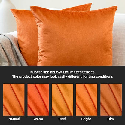 Encasa XO Velvet Throw Pillow Covers 16x16 in (40x40 cm) - Orange - No Inserts, Pack of 2 Cases | Solid Plain Dyed Soft & Smooth, Square Decorative Cushion Covers for Living & Bedroom