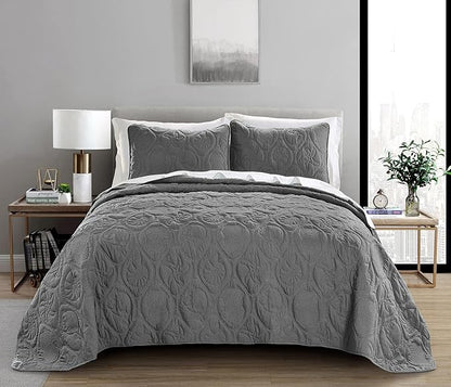 Pure Bedding Quilt Set Full/Queen Size Dark Grey - Oversized Bedspread - Soft Microfiber Coverlet for All Season - Includes 1 Quilt and 2 Shams, Ocean Star Pattern