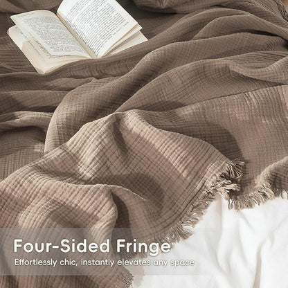 MooMee Muslin Blanket - 100% Cotton 4-Layer Gauze Throw Blanket with Tassels Ultra-Soft Breathable Lightweight Cooling for Bed Couch (Brown,Super King 108" x 98")