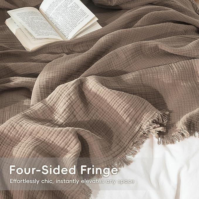 MooMee Muslin Blanket - 100% Cotton 4-Layer Gauze Throw Blanket with All-Around Fringe Ultra-Soft Breathable Lightweight Cooling for Bed Couch (Brown,Twin XL 66" x 90")