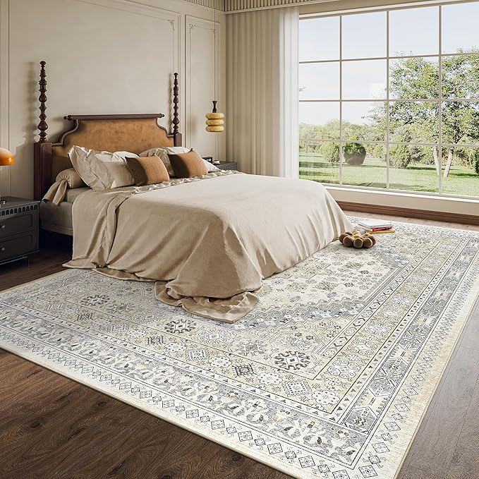 zesthome 8x10 Area Rugs for Living Room,Non-Slip Backing Washable Rugs,Vintage Large Area Rug，Stain Resistant Home Decor Rug (Beige,8'x10')