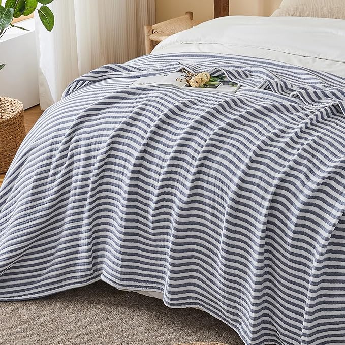 EMME Cotton Muslin Large Throw Blanket Couch Breathable Gauze Soft Lightweight Bed Blankets Adults (Striped Navy, 50"x70")