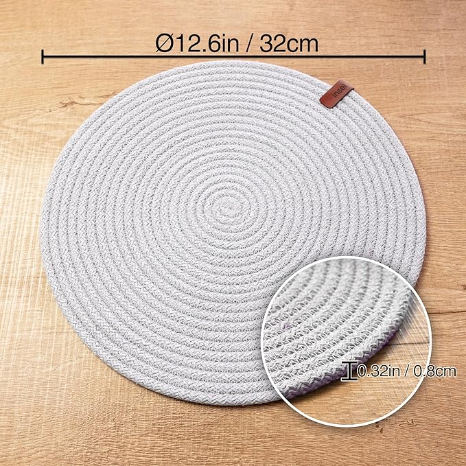Round Placemats Set of 4, Handmade by Braided Cotton Cord, Dia. 12.6 Inch, Doublesided, Heat Resistant, Gray