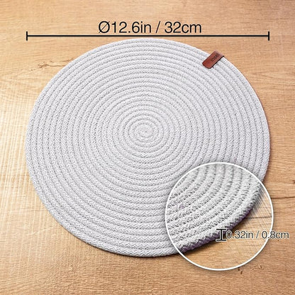 Round Placemats Set of 4, Handmade by Braided Cotton Cord, Dia. 12.6 Inch, Doublesided, Heat Resistant, Gray