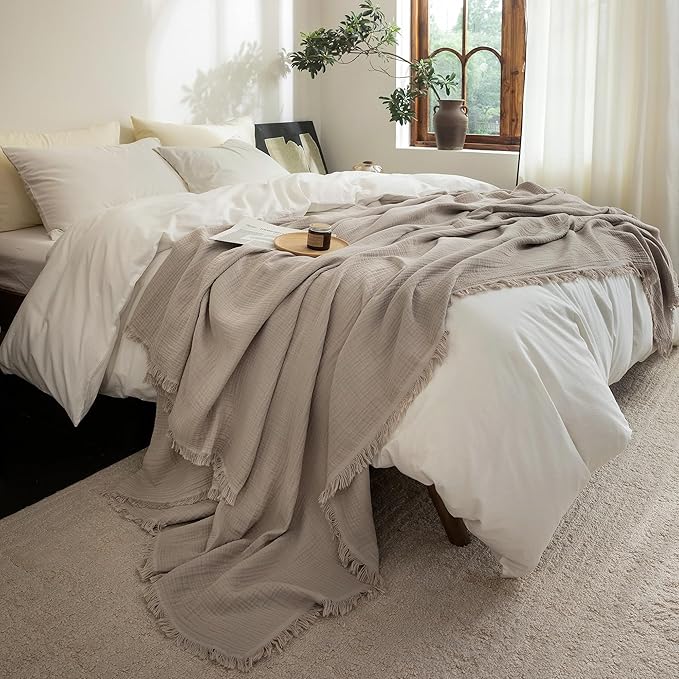 FOSSA Muslin Blanket with Fringe - 4-Layer 100% Cotton Gauze Super Soft & Breathable Throw -Lightweight Decorative Cooling Blanket for Bed, Sofa, Office (Beige Gray, Queen (90" × 90"))