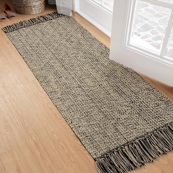 Collive Hallway Runner Rug, 2x5 Washable Natural/Black Modern Entryway Runner Rug Hand-Woven Cotton Boho Kitchen Runner Rugs for Bedroom Laundry Room Rug Front Door Farmhouse Bathroom Rug Outdoor