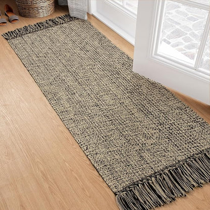 Collive Hallway Runner Rug, 2x5 Washable Natural/Black Modern Entryway Runner Rug Hand-Woven Cotton Boho Kitchen Runner Rugs for Bedroom Laundry Room Rug Front Door Farmhouse Bathroom Rug Outdoor