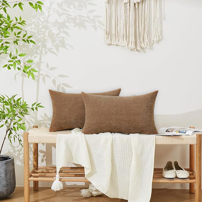 GAWAMAY Lumbar Decorative Throw Pillow Covers 12"x20" Inch Set of 2, Super Soft Chenille Rectangle Pillowcase for Living Room Bedroom Sofa Couch Cushion Support Pillow Cover 30x50cm Brown (No Insert)