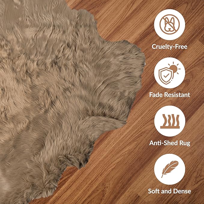 Luxe Gordon Faux Fur Rug with Soft and Fluffy Pile | Machine Washable Living Room Rug with Anti-Slip Backing | Cruelty-Free Area Rugs for Office or Bedroom, Tan, 5 ft x 6 ft
