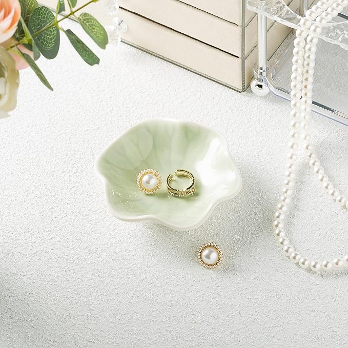 Ceramic Ring Dish, Jewelry Dish Holder, Small Trinket Tray Plate for Earrings Rings Necklaces Keys, for Mom Friend Sister (Green Surface)