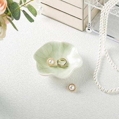 Ceramic Ring Dish, Jewelry Dish Holder, Small Trinket Tray Plate for Earrings Rings Necklaces Keys, for Mom Friend Sister (Green Surface)