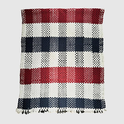 Handmade Mexican Chindi Rug-Colorful Washable Boho Rag Rug 5x2 ft Woven Runner for Kitchen, Bedroom, or Bath, Hippie Area Mat with Tassels, Mexican Style Floor Carpet-Rustic (Stripes Red and Blue)