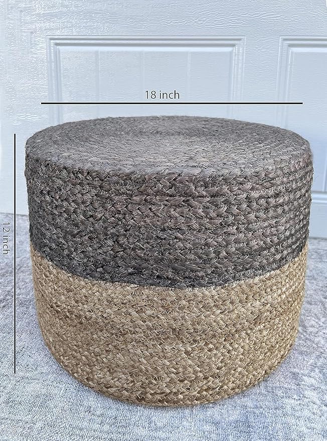 Jute Pouf Ottoman | Footrest Pouf | Hand Braided - Round Boho Pouffe - for Living Room, Bedroom, Nursery (18"x18"x12") Brown