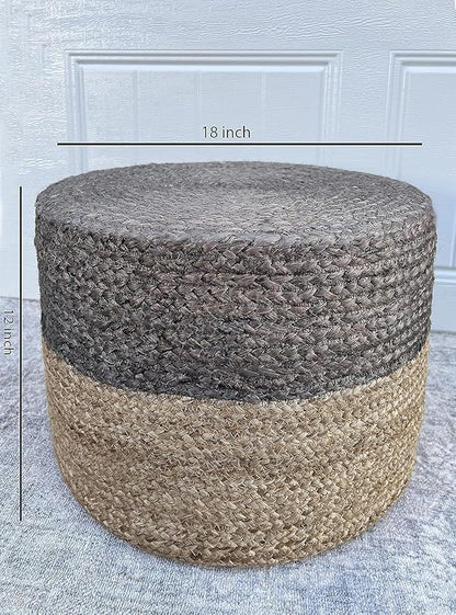 Jute Pouf Ottoman | Footrest Pouf | Hand Braided - Round Boho Pouffe - for Living Room, Bedroom, Nursery (18"x18"x12") Brown