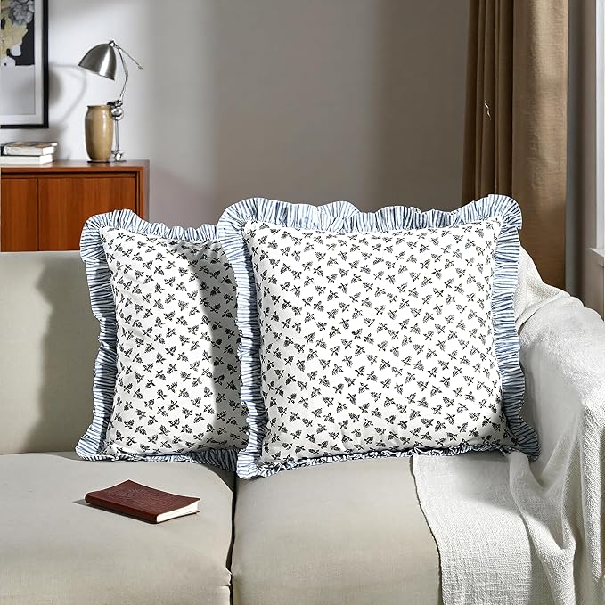 Ridhi Baby Blossams Modern Farmhouse Pillow 20x20 Block Print Cotton Throw Pillow Covers Set of 2 Cushion Covers with Ruffle Couch Sofa Bed Living Room Home Decor Christmas, Thanksgiving