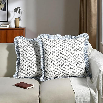 Ridhi Baby Blossams Modern Farmhouse Pillow 24x24 Block Print Cotton Throw Pillow Covers Set of 2 Cushion Covers with Ruffle Couch Sofa Bed Living Room Home Decor Christmas, Thanksgiving