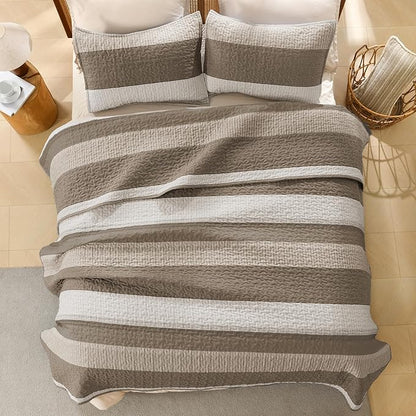 Litanika Quilt Queen Size Hazel, Stripe Patchwork Summer Bedspread Coverlet 3 Pieces, Soft Lightweight Microfiber Quilted Bedding Set for All Season(1 Quilt, 2 Pillowcases)