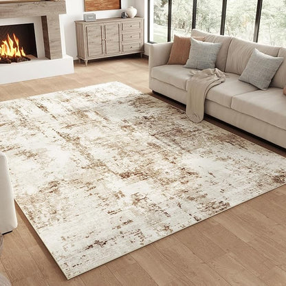 FMFUNCTEX 4x6 Washable Area Rug Brown Beige Abstract Modern Neutral Non Slip Low Pile Indoor Carpet Soft Thin Throw Rug for Entryway Entrance Living Room Bedroom Dining Office Nursery Kitchen Laundry