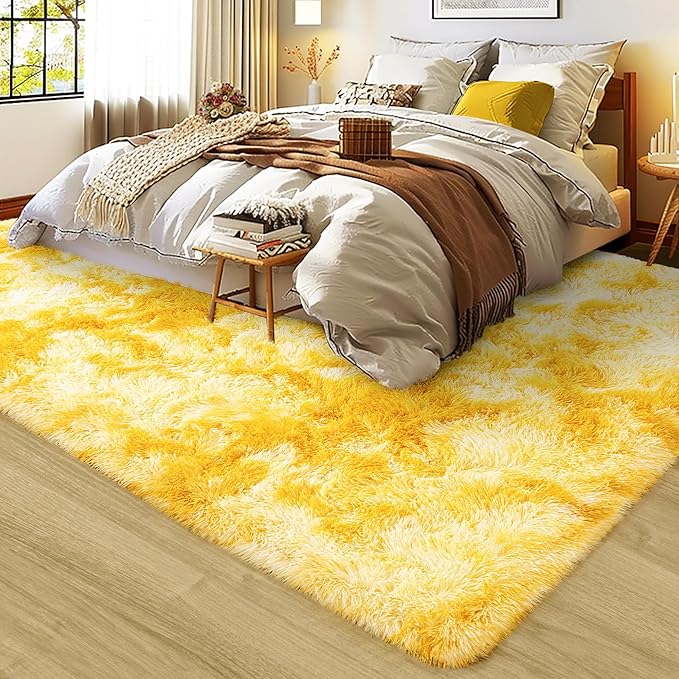 8x10 Large Area Rugs for Living Room, Ultra Fluffy Shag Rug for Bedroom, Modern Plush Soft Carpet for Girls Boys Kids Room Dorm Fuzzy Non Slip Rug for Home Decor Aesthetic, Tie-Dyed Yellow