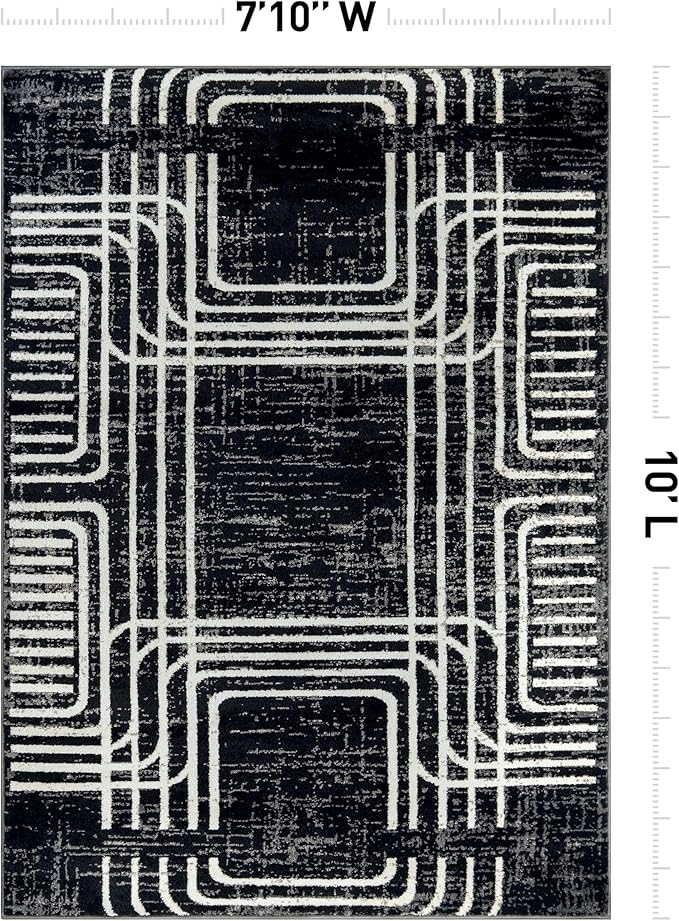 Rugshop Black and White Geometric Area Rug – Abstract Curved Line and Square Pattern Carpet for Living Room, Bedroom, or Office – Contemporary Soft Floor Décor 7' 10" x 10' Black