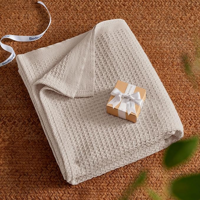 Bedsure Gentlesoft 100% Cotton Blanket King Size for Bed - Breathable and Soft, Thick Cozy Waffle Weave Christmas Blanket Gift for Women, Begie, 104x90 inches