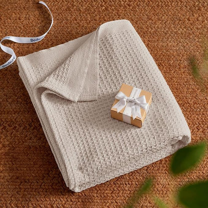 Bedsure Gentlesoft 100% Cotton Blanket Queen Size for Bed - Breathable and Soft, Thick Cozy Waffle Weave Christmas Blanket Gift for Women, Begie, 90x90 Inches