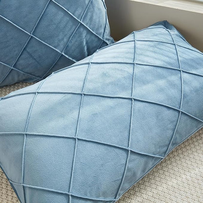 JAUXIO Diamond Pinch Pleated Crystal Velvet Pillowcases 2 Pack Solid Pintuck Throw Cushion Cover for Home Decor Hidden Zipper Closure (Dusty Blue, King)