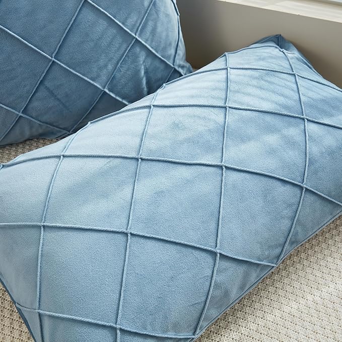 JAUXIO Diamond Pinch Pleated Crystal Velvet Pillowcases 2 Pack Solid Pintuck Throw Cushion Cover for Home Decor Hidden Zipper Closure (Dusty Blue, Standard)
