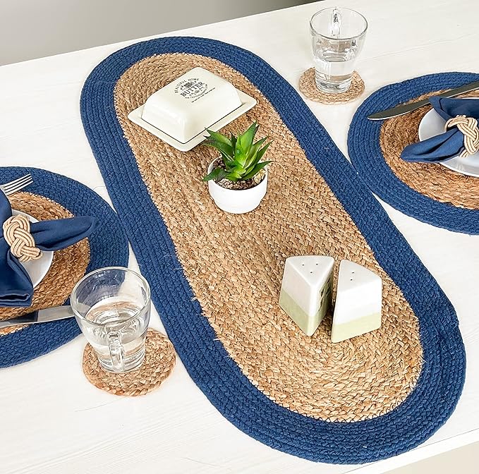 CHARDIN HOME Verona Oval Woven Jute & Cotton Braided Table Runner, Size -13 x 36 Inches, Color - Natural Jute with Navy Blue Border