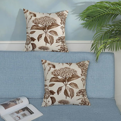 Brown Pillow Covers 20x20 Set of 2 Vintage Boho Floral Hydrangea Herbs Botanical Throw Pillow Cover Outdoor Flower Decorative Pillowcase Linen Farmhouse Cushion Case Decor for Couch Sofa