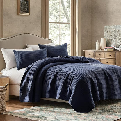 WDCOZY 100% Cotton Twin Size Quilt Set - Navy Blue Striped Pick Stitch Soft Lightweight Bedspread, Textured Like Linen, Farmhouse Country Rustic Coverlet, Shabby Chic Gauze Bedding, 2 Pieces