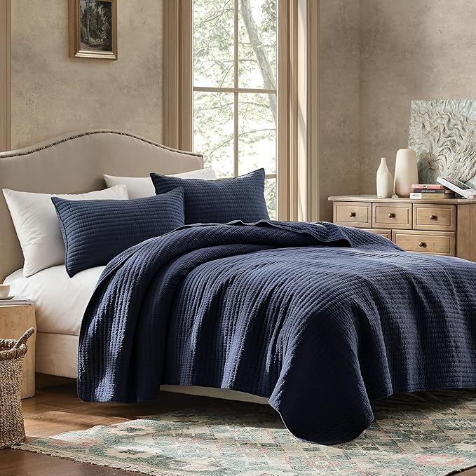 WDCOZY 100% Cotton King Size Quilt Set - Navy Blue Striped Pick Stitch Soft Lightweight Bedspread, Textured Like Linen, Farmhouse Country Rustic Coverlet, Shabby Chic Gauze Bedding, 3 Pieces