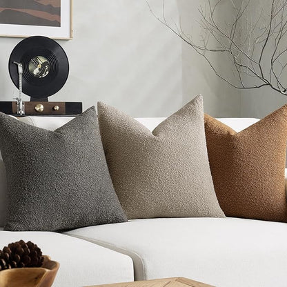 Throw Pillow Covers 18 x 18 Inch Set of 2, Accent Soft Boucle Textured Pillow Cover, Decorative Solid Color Cozy Cushion Pillow Case for Couch Bedroom Sofa Living Room Home Decor, Oatmeal