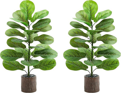 2 Pack Artificial Fiddle Leaf Fig Tree 30in, Large Realistic Faux Ficus Lyrata Plant with Pot Table Top Faux Plant for Indoor Outdoor Home, Office, Living Room, Bathroom Decor (Wood-grain pot, 30in-2)