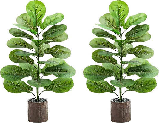 2 Pack Artificial Fiddle Leaf Fig Tree 30in, Large Realistic Faux Ficus Lyrata Plant with Pot Table Top Faux Plant for Indoor Outdoor Home, Office, Living Room, Bathroom Decor (Wood-grain pot, 30in-2)