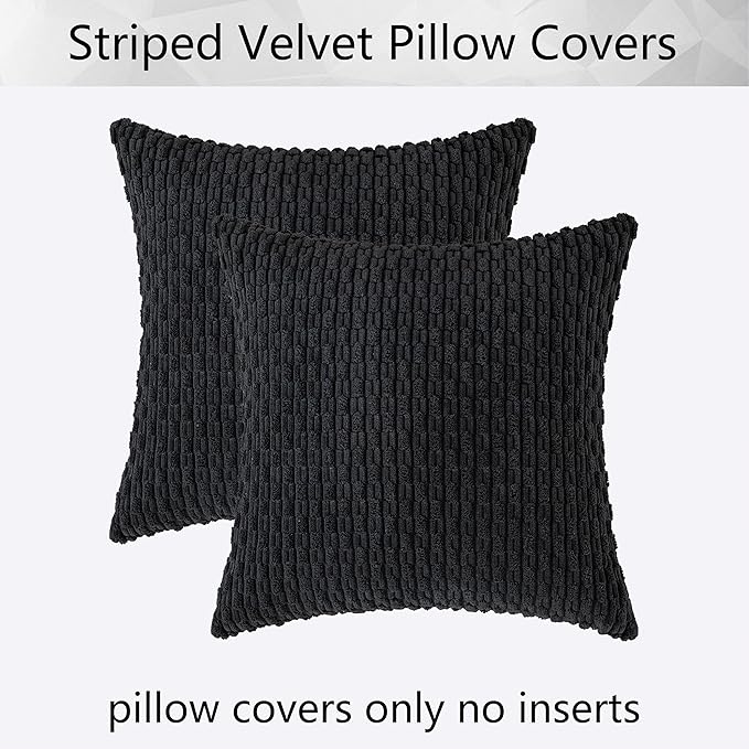 Kevin Textile Decorative Throw Pillow Covers Corduroy Square Cushion Cover with Stripes Cases for Bedroom Sofa Living Room Couch Set of 2 18x18 Inch Black