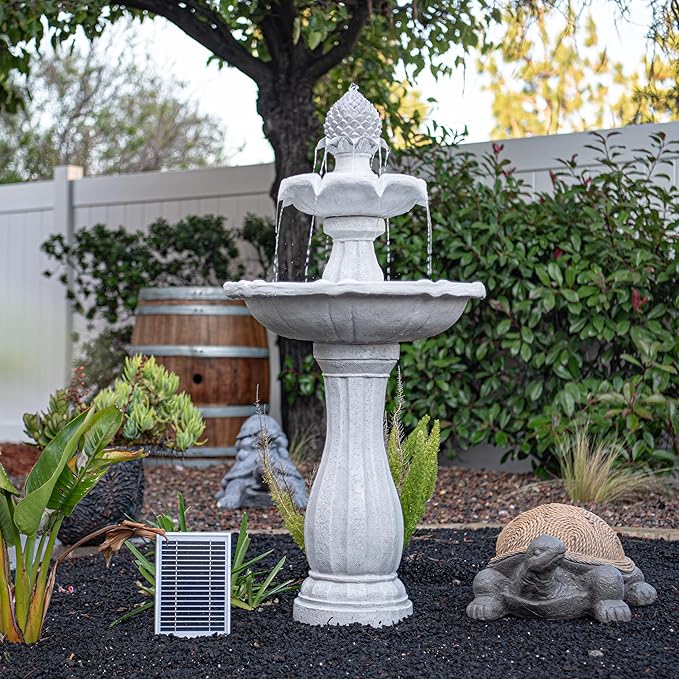 XBrand 44" H White Fiberglass/Resin 2-Tier Solar Water Feature w/Auto-Off Pump - Tall Outdoor Birdbath Fountain