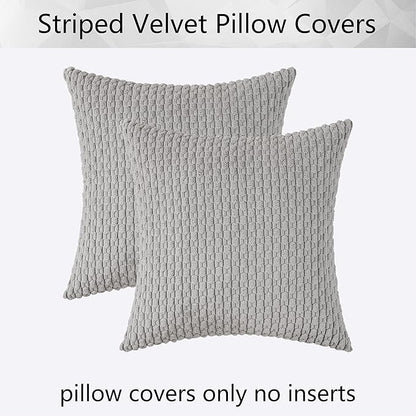 Kevin Textile Decorative Throw Pillow Covers Corduroy Square Boho Cushion Cover with Stripes Cases for Bedroom Sofa Living Room Couch Set of 2 18x18 Inch Light Grey