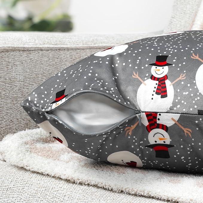 PAVILIA Holiday Throw Pillow Covers 18x18 Set of 2, Decorative Pillow Cases Bed Sofa Couch, Christmas Winter Accent Decor Cushion Bedroom Living Room, Velvet Square Euro Sham Covers, Snowman Gray