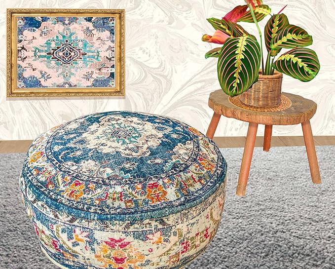 Moroccan Floor Pillow Cover Blue Round Floor Cushion Boho Room Décor Moroccan Seating Area Perfect Pouf Ottoman for Living Room, Bedroom, Nursary or Children Room Cotton 24x8 Unstuffed