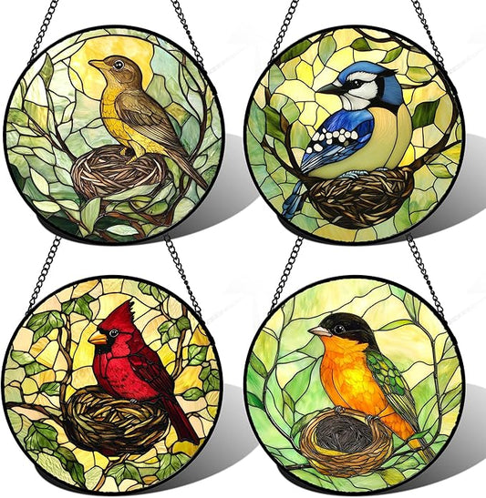 DASTOLL Stained Glass Window Hanging 4 Pcs Set Bird Theme On Branch 9.8" - Cardinal Suncatcher Door Garden Sun Catcher Decor Birthday Christmas for Mom Woman Nana Men