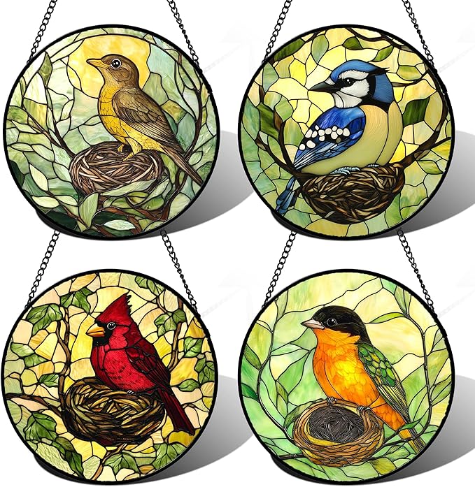 DASTOLL Stained Glass Window Hanging 4 Pcs Set Bird Theme On Branch 7.8" - Cardinal Suncatcher Door Garden Sun Catcher Decor Birthday Christmas for Mom Woman Nana Men