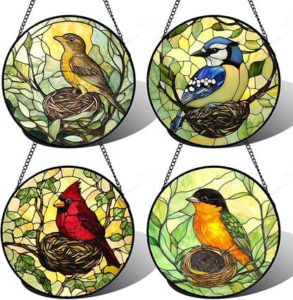 DASTOLL Stained Glass Window Hanging 4 Pcs Set Bird Theme On Branch 7.8" - Cardinal Suncatcher Door Garden Sun Catcher Decor Birthday Christmas for Mom Woman Nana Men
