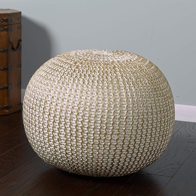 LR Home Gold/Beige Cableknit All-Natural Cotton Round Ottoman for Home Décor | Hand-Made Farmhouse Foot Rest for Bedroom & Living Room | 20 x 20 x 16 Stuffed Pouf for Seating