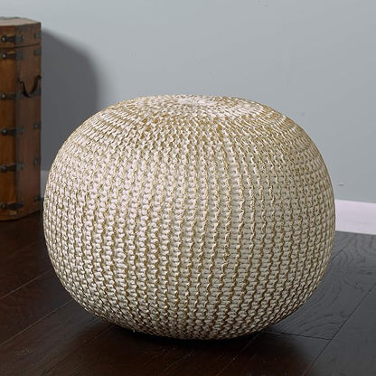 LR Home Gold/Beige Cableknit All-Natural Cotton Round Ottoman for Home Décor | Hand-Made Farmhouse Foot Rest for Bedroom & Living Room | 20 x 20 x 16 Stuffed Pouf for Seating