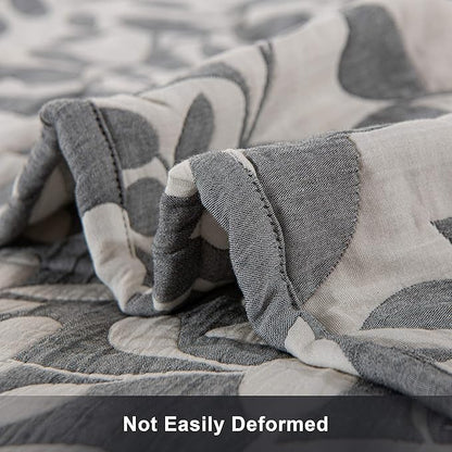 NTBAY 3 Layers Cotton Muslin 88x92 Queen Bed Blanket, Super Soft Breathable Thermal Yarn Dyed Quilt for Adults, Perfect Lightweight Blanket for Couch Sofa Bed All Seasons, Grey Leaf