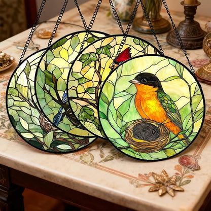 DASTOLL Stained Glass Window Hanging 4 Pcs Set Bird Theme On Branch 7.8" - Cardinal Suncatcher Door Garden Sun Catcher Decor Birthday Christmas for Mom Woman Nana Men