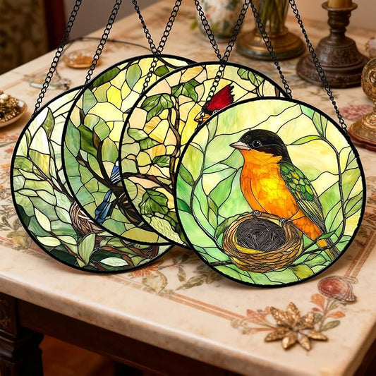 DASTOLL Stained Glass Window Hanging 4 Pcs Set Bird Theme On Branch 7.8" - Cardinal Suncatcher Door Garden Sun Catcher Decor Birthday Christmas for Mom Woman Nana Men