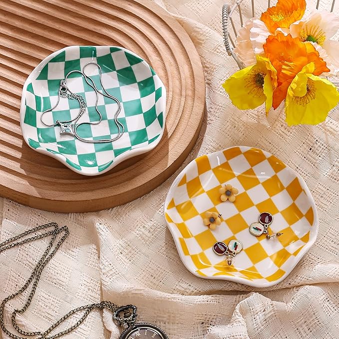 Koythin Ceramic Jewelry Tray, Checkered Pattern Aesthetic Decorative Trinket Dish for Rings, Earrings Necklaces Bracelet Watch Holder, Small Key Bowl, Birthday Mother's Day for Women (Orange)