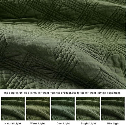 WDCOZY 100% Cotton Queen Size Quilt Set - Olive Green Pre-Washed Soft Lightweight Modern Bedspread, Farmhouse Country Rustic Coverlet, Textured Like Linen, Shabby Chic Gauze Bedding, 3 Pieces